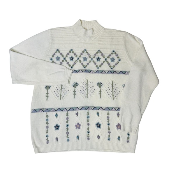 Alfred Dunner Sweaters - Alfred Dunner Women's L White Mock Neck Embroidered Floral Sweater Grannycore